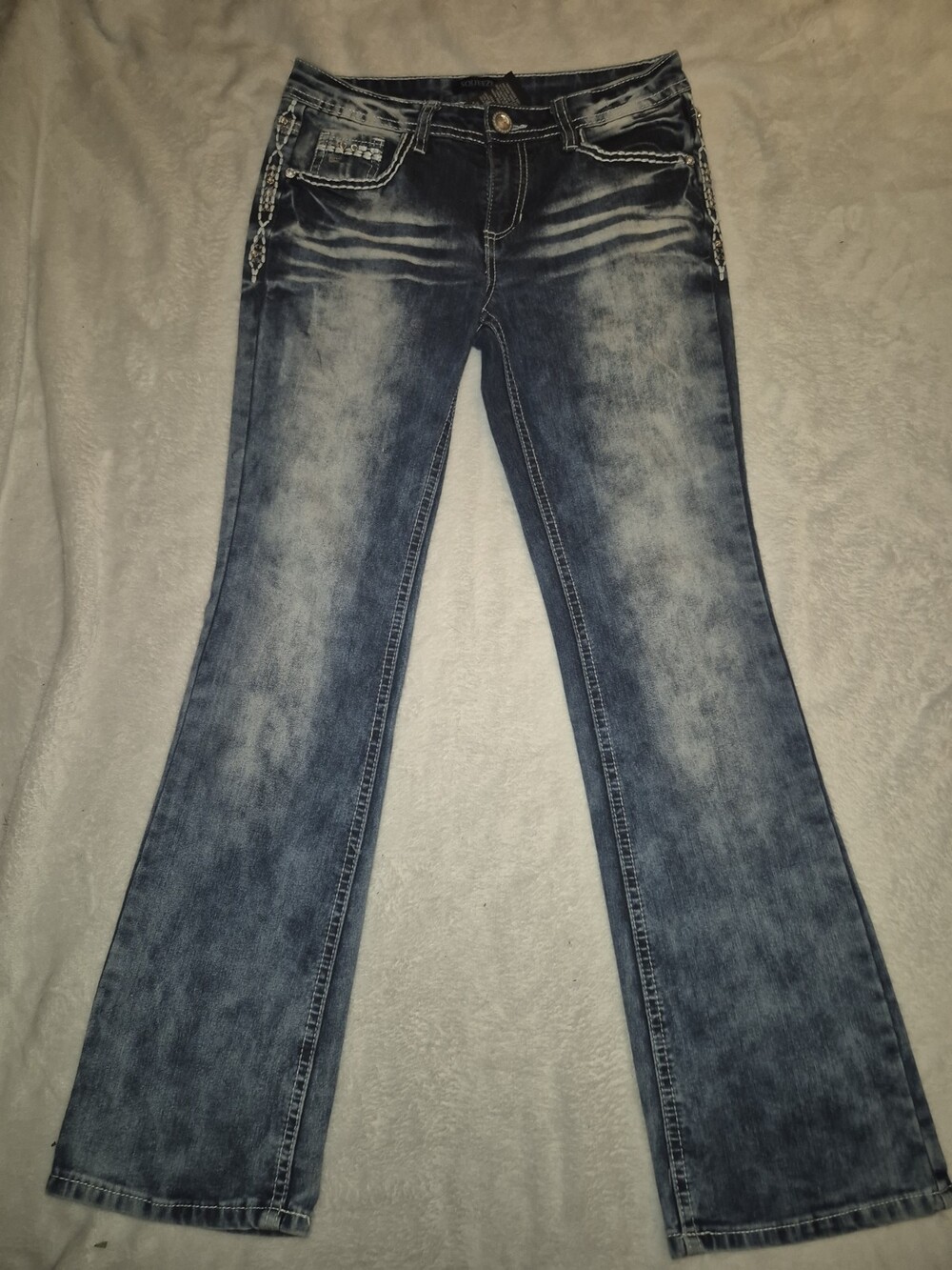 Squeeze Juniors Size 14 Bootcut Jeans Blue Acid Wash Rhinestone Embroidered Y2K#